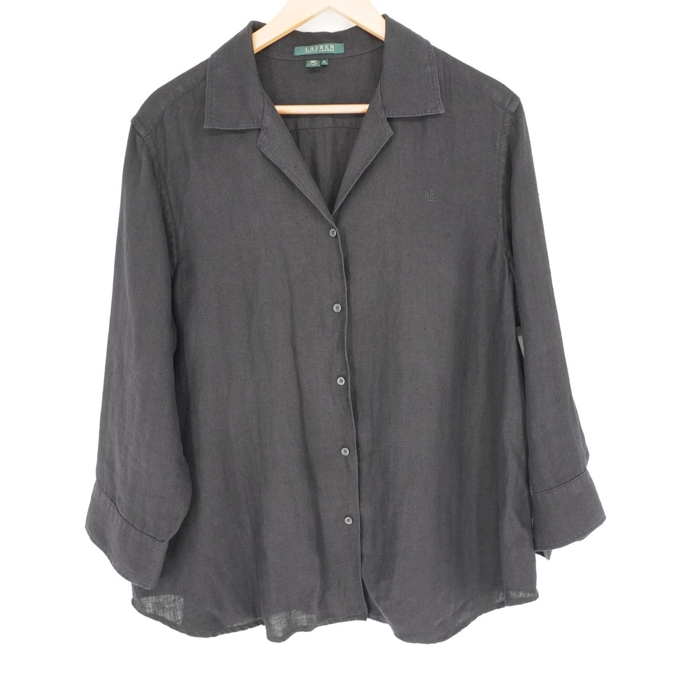 Lauren Ralph Lauren Button-Up Tunic Shirt Womens XL Black Linen Relaxed Classic